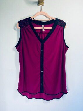 Pen-Seption Concept XL Womens Sleeveless Button-Front Top Eggplant & Black